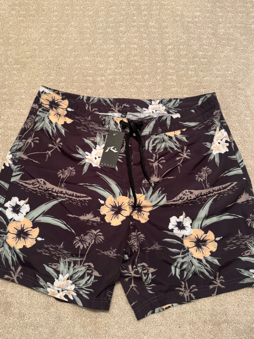 Rusty Floral Print Swim Trunks - Black with Yellow & Green Flowers - 34 NWT